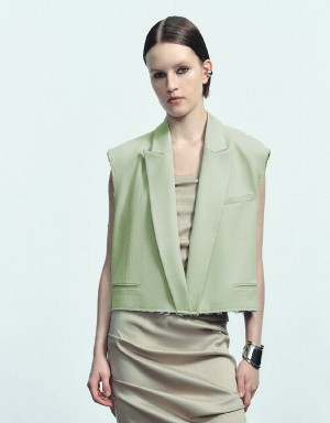 Blazer Urban Revivo Cropped Peaked Lapel Femme Vert | ZOC6397HN