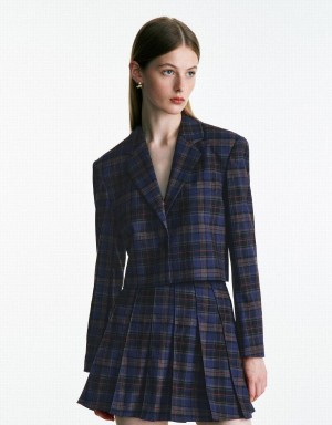 Blazer Urban Revivo Plaid Cropped Checkered Femme Bleu | NGI327HX