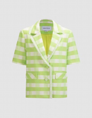 Blazer Urban Revivo Plaid Raw Trim Corta Sleeve Femme Vert | FRZ647OW