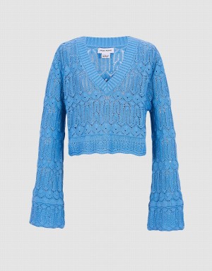 Cardigan Urban Revivo Bell Sleeve Pointelle Knit Top Femme Bleu | ZNX6144FD