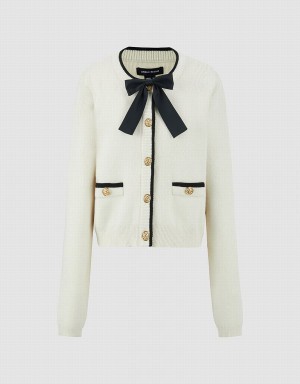 Cardigan Urban Revivo Bow Tie Decor Crew Neck Tricoté Femme Beige | VEU963SJ