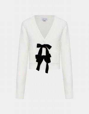 Cardigan Urban Revivo Bow Tie Decor V-Neck Tricoté Femme Blanche | ZGV1578QM