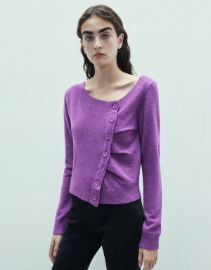 Cardigan Urban Revivo Button Decor V-Neck Tricoté Femme Violette | XGM7428WE