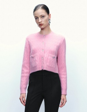 Cardigan Urban Revivo Button Up Crew Neck Tricoté Femme Rose | ZKM4680CH