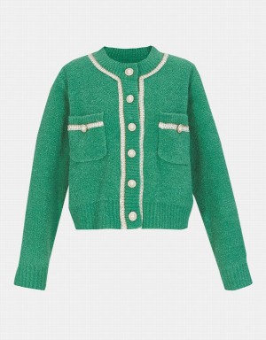 Cardigan Urban Revivo Contrast Trim Faux Pearl Button Femme Vert | SUN121XQ