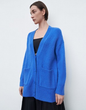 Cardigan Urban Revivo Drop Shoulder Sleeve V-Neck Tricoté Femme Bleu | VFM855UB