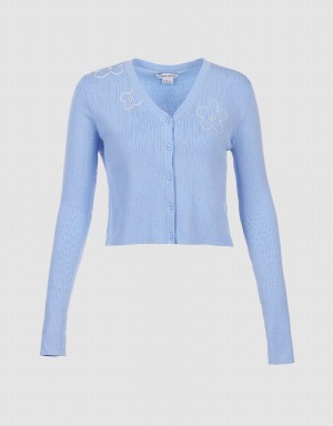 Cardigan Urban Revivo Floral Embroidery Button Up Femme Bleu | JTQ8411LV