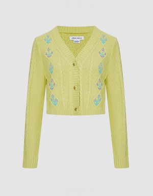 Cardigan Urban Revivo Floral Embroidery Cable Knit Femme Vert | WYM32JA