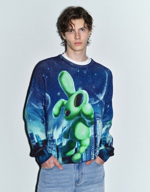 Cardigan Urban Revivo Interstellar Bunny Printed Tricoté Homme Bleu Vert | FSC7987SZ