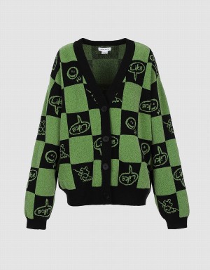 Cardigan Urban Revivo Plaid Smile Face Button Up Femme Vert | UXU5475CU