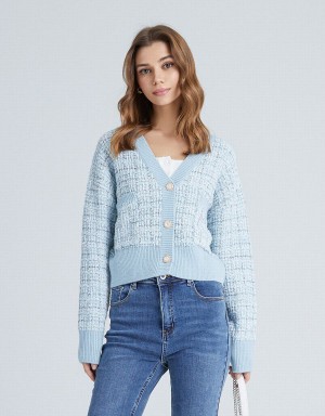 Cardigan Urban Revivo Pocket Tweed Plaid Femme Bleu Clair | YOA7264PF