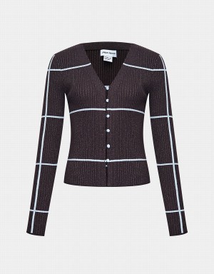 Cardigan Urban Revivo Rayé Button Up Femme Kaki Marron | OEJ738UW