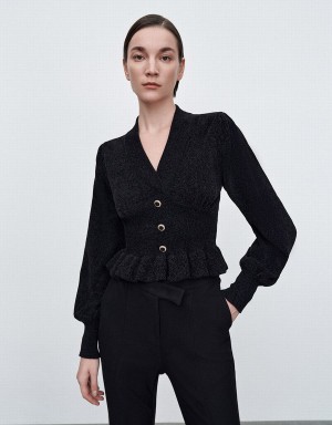 Cardigan Urban Revivo Ruffle Tricoté Top Femme Noir | COB7352OW