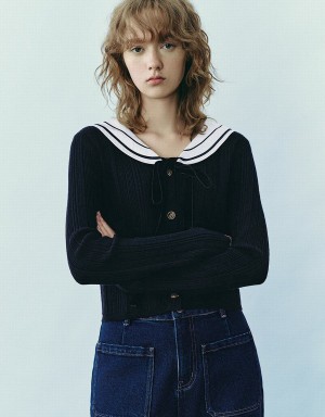 Cardigan Urban Revivo Sailor Collar Neck Tricoté Femme Bleu | VJN428TV