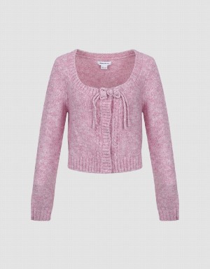 Cardigan Urban Revivo Tie Front Crew Neck Tricoté Femme Rose | PPR969SL