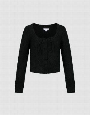 Cardigan Urban Revivo Tie Front Crew Neck Tricoté Femme Noir | EKR149IS