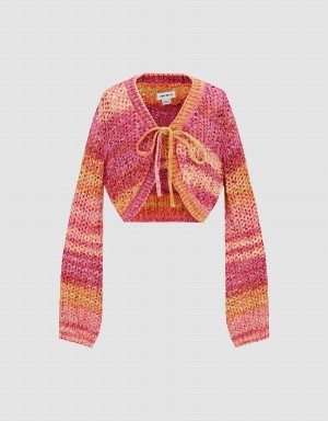 Cardigan Urban Revivo Tie Front Rayé Tricoté Femme Rose Multicolore | OOJ46100XT