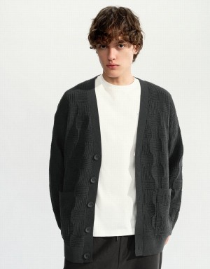 Cardigan Urban Revivo V-Neck Tricoté Homme Grise Foncé | AWT4865HY