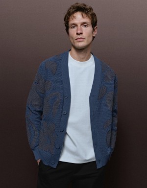 Cardigan Urban Revivo V-Neck Tricoté Homme Bleu | DQB2729LA