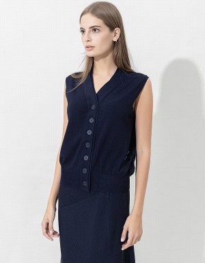 Cardigan Urban Revivo V-Neck Tricoté Waistcoat Femme Bleu | RYQ4914HW