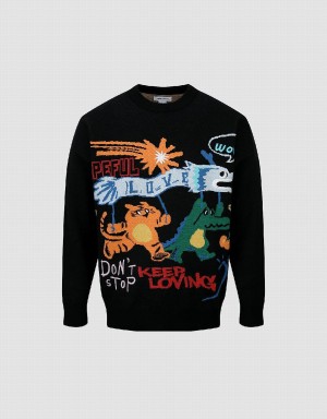 Chandails Urban Revivo Cartoon Embroidered Crew Neck Homme Noir | MBV3264UW