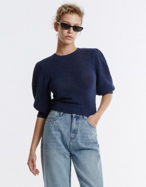 Chandails Urban Revivo Plain Cropped Femme Bleu | RUY1593UK