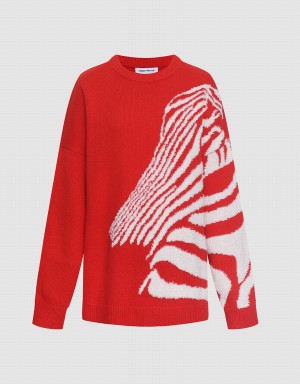 Chandails Urban Revivo Zebra Rayé Crew Neck Femme Rouge | KKI9444XU