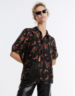 Chemises Urban Revivo Floral Button Up Femme Noir Rouge | PAQ5960KU