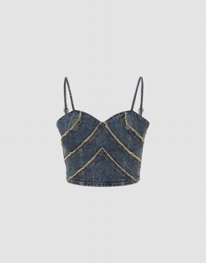 Chemises Urban Revivo Off-Shoulder Denim Cami Top Femme Bleu | XQD8249LE