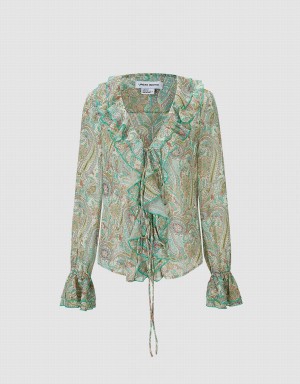 Chemises Urban Revivo Paisley Print Ruffled Femme Vert | DTY4027SD