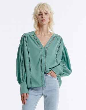 Chemises Urban Revivo Pointelle Buttoned Femme Vert | CFS8920XJ