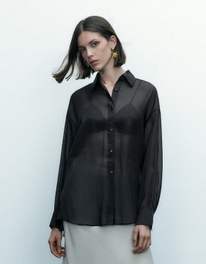 Chemises Urban Revivo Thin Button Up Loose Femme Noir | QHX537VA