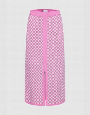 Jupes Urban Revivo Checkered Midi Droit Tricoté Femme Rose | HXQ4381TZ