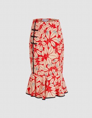 Jupes Urban Revivo Leaves Print Frog Button Fishtail Femme Rouge | GHD7023IR