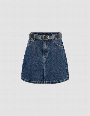 Jupes Urban Revivo Mini A-Line Denim With Belt Femme Bleu | KYG6874UN