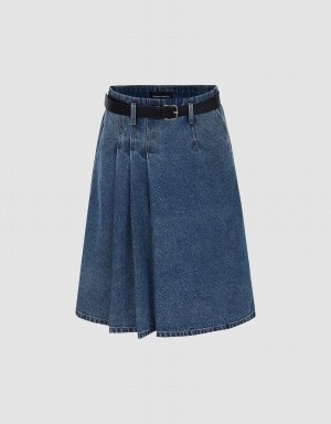 Jupes Urban Revivo Plissé Denim With Belt Femme Bleu | WOK575OS