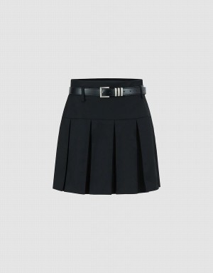 Jupes Urban Revivo Plissé Mini A-Line With Belt Femme Noir | JGQ9032CV