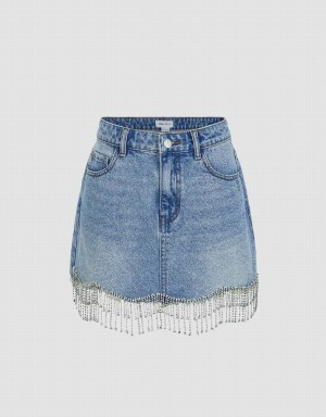 Jupes Urban Revivo Rhinestone Hem Mini Droit Denim Femme Bleu | QIB2152CW