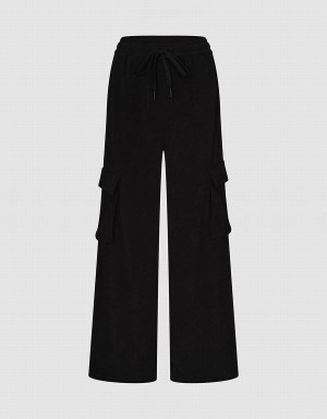 Pantalon Urban Revivo Drawstring Taille Tricoté Droit Femme Noir | SEW3624KJ