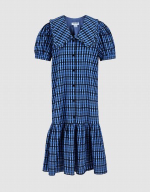 Peignoir Urban Revivo Plaid Puff Sleeve Ruffle Hem Checkered Femme Bleu | JEP9133UO