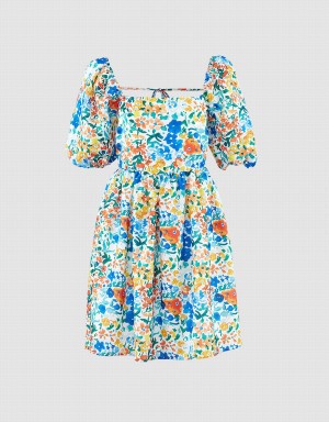 Peignoir Urban Revivo Puff Sleeve Floral Print Femme Bleu | RDS7633UI