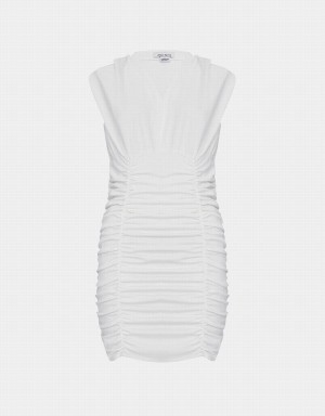 Peignoir Urban Revivo V Neck Ruched Sans Manches Bodycon Femme Blanche | CZE7110QM