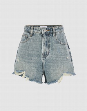 Short Urban Revivo Raw Hem Denim Femme Bleu | ZYG3850VV