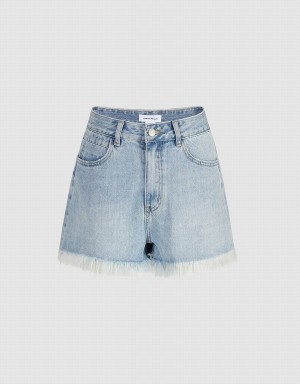 Short Urban Revivo Raw Hem Denim Femme Bleu | CDX2462MV