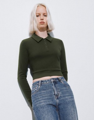 T Shirts Urban Revivo Button Half Placket Cropped Tricoté Femme Vert | EQL6459LY