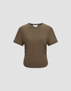 T Shirts Urban Revivo Crew Neck Mince Femme Marron | AHR7249CF