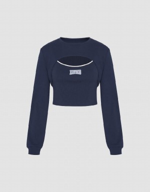 T Shirts Urban Revivo Cut-Out Crew Neck Tricoté Femme Bleu | XOZ9824PL