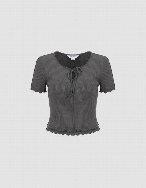 T Shirts Urban Revivo Frill Trim Tie Front Tricoté Femme Grise | CSQ1937NH