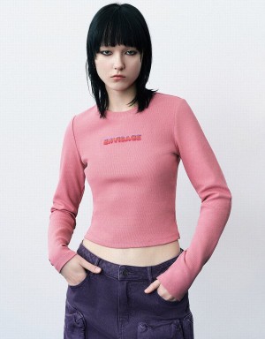 T Shirts Urban Revivo Letter Embossed Crew Neck Tricoté Femme Rose | LXB1840EB