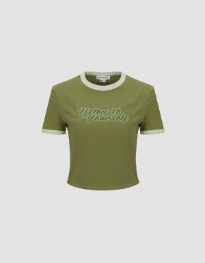 T Shirts Urban Revivo Letter Printed Crew Neck Regular Femme Vert | BMW8495YW